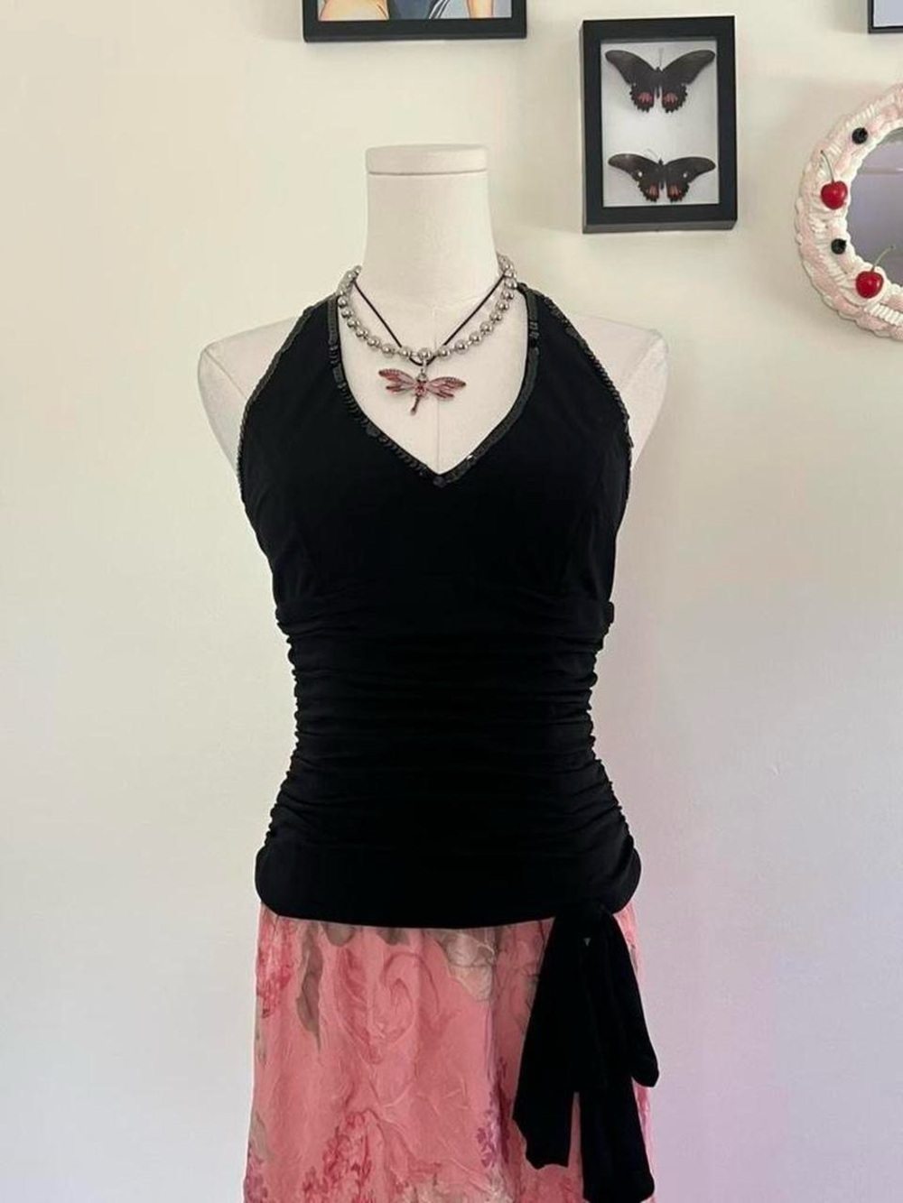 Vintage Papell Boutique Black Halter Ruched Top with Sequins